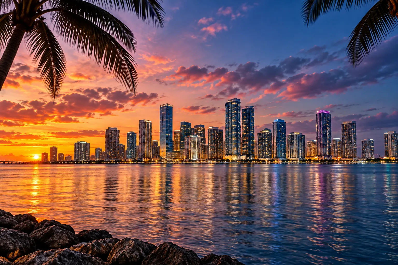 Miami skyline across the bay at sunset